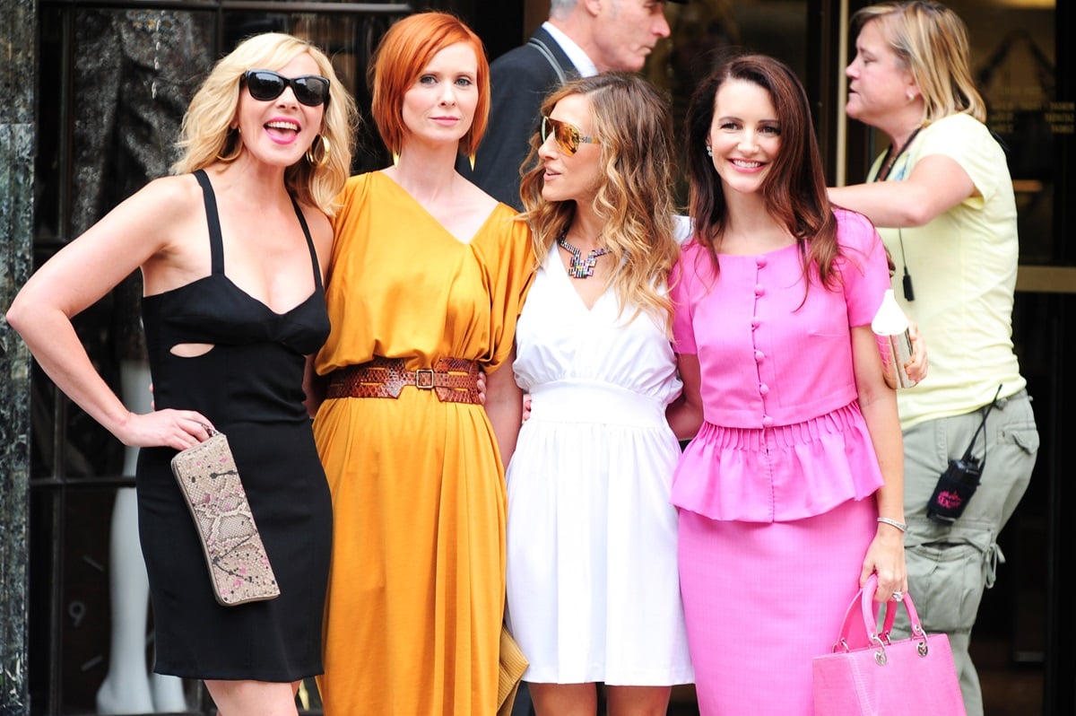 The cast of 'Sex and the City', including Kim Cattrall, Cynthia Nixon, Sarah Jessica Parker and Kristin Davis on set in 2009